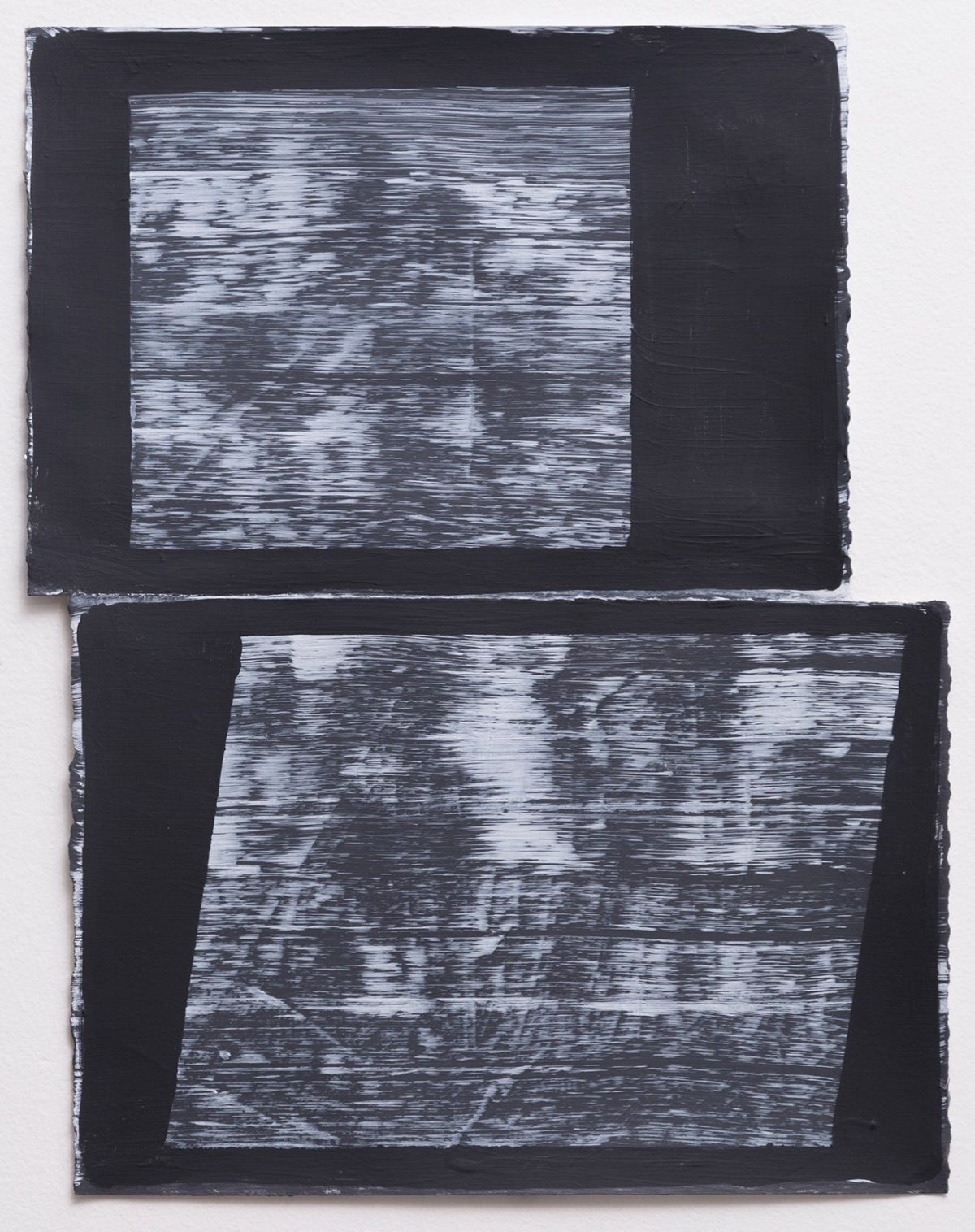 Two stacked rectangular panels with dark borders framing textured, horizontal striations in shades of gray and white, creating an abstracted, layered composition with a weathered or gestural surface quality.