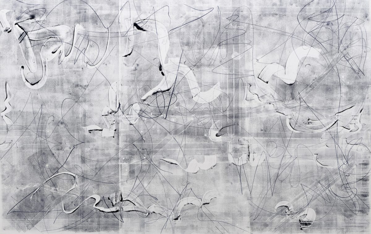Abstract composition in monochromatic grays and blacks featuring overlapping gestural marks, curved lines, and organic forms layered across a textured surface. Delicate linear elements and semi-transparent shapes create depth against a mottled, weathered ground.