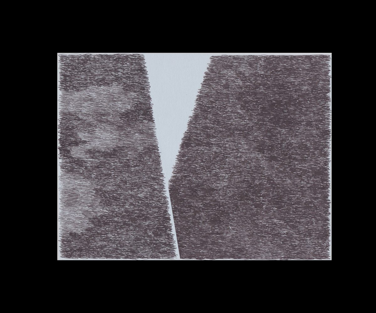 Two textured rectangular forms in dark gray and brown tones face each other across a light gray central void, their surfaces composed of dense, directional mark-making that creates a woven or scratched appearance.