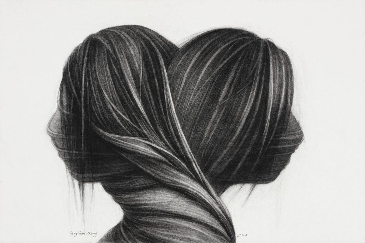 Two figures shown from behind with long dark hair forming a heart shape, rendered in charcoal with delicate linear hatching that creates volume and movement throughout the composition.