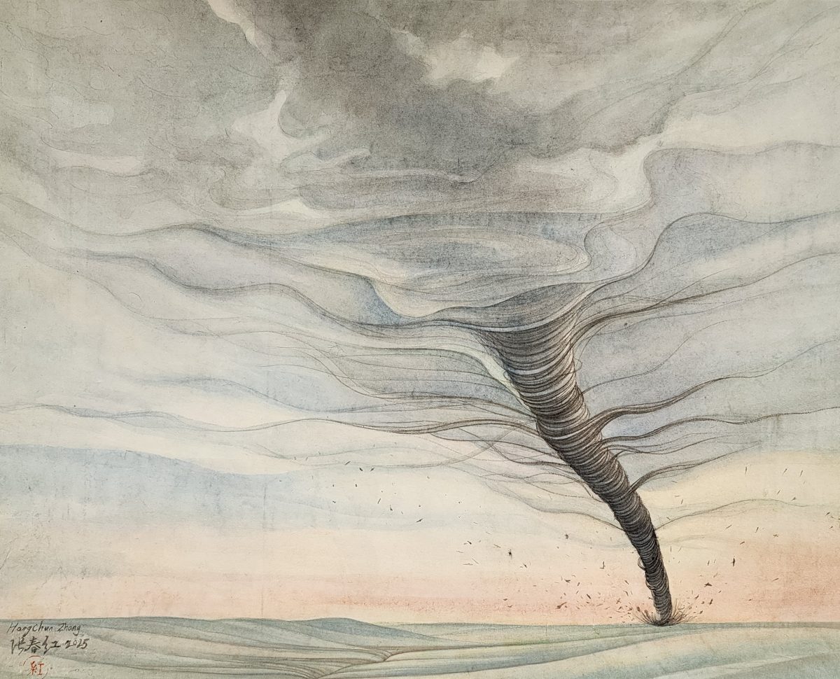 A delicate watercolor and ink drawing depicting a towering tornado or funnel cloud spiraling upward from a flat, horizonal landscape. The composition features soft washes of pale blue, beige, and gray in the sky and ground, with the central funnel rendered in precise, dense linear marks that create dramatic movement and volume against the serene surroundings.