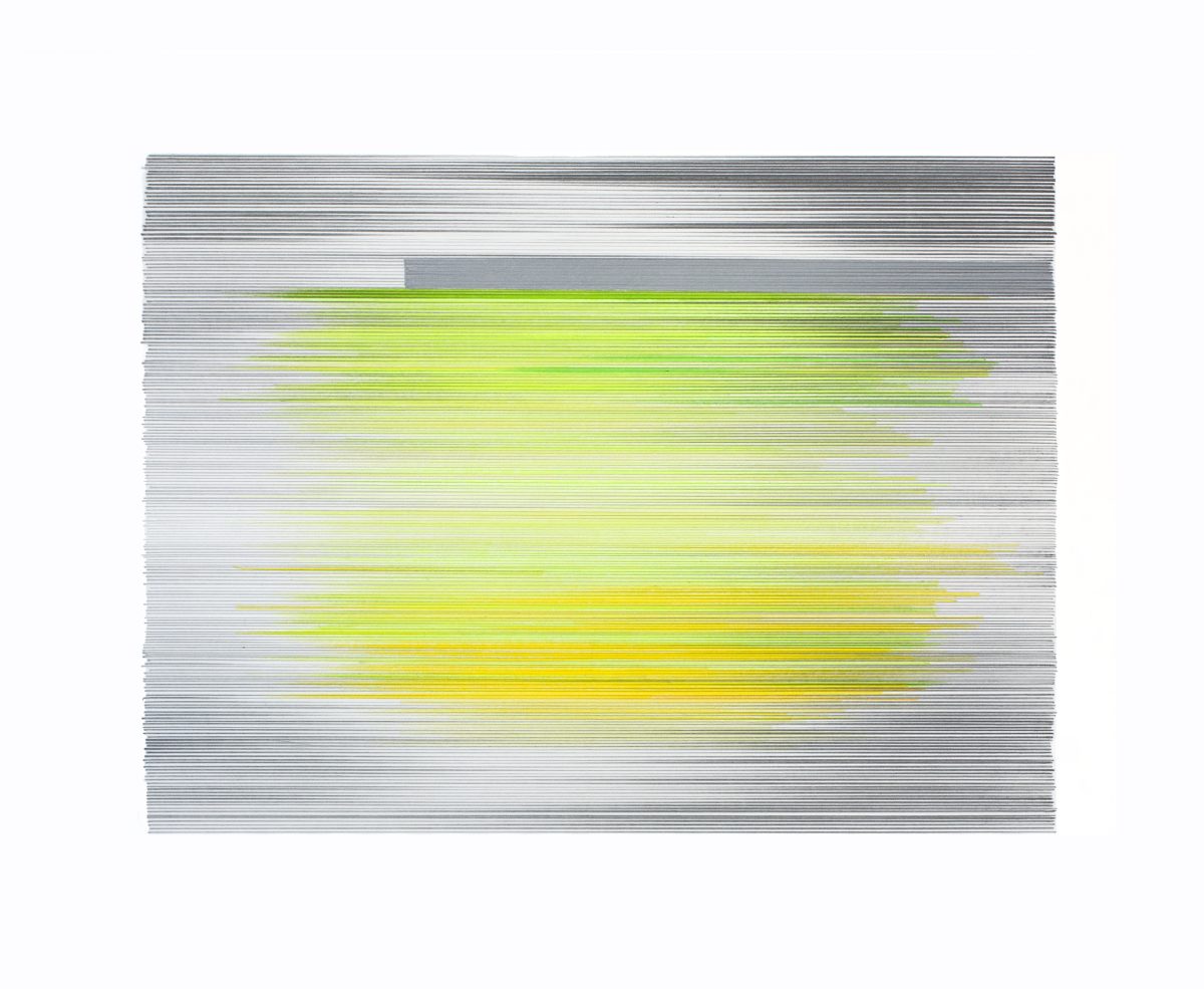Horizontal composition with fine parallel lines in graphite covering the entire surface, interrupted by a central area of vibrant yellow-green gradient that transitions from bright lime green at the top to golden yellow at the bottom, creating an luminous focal point against the neutral linear background.