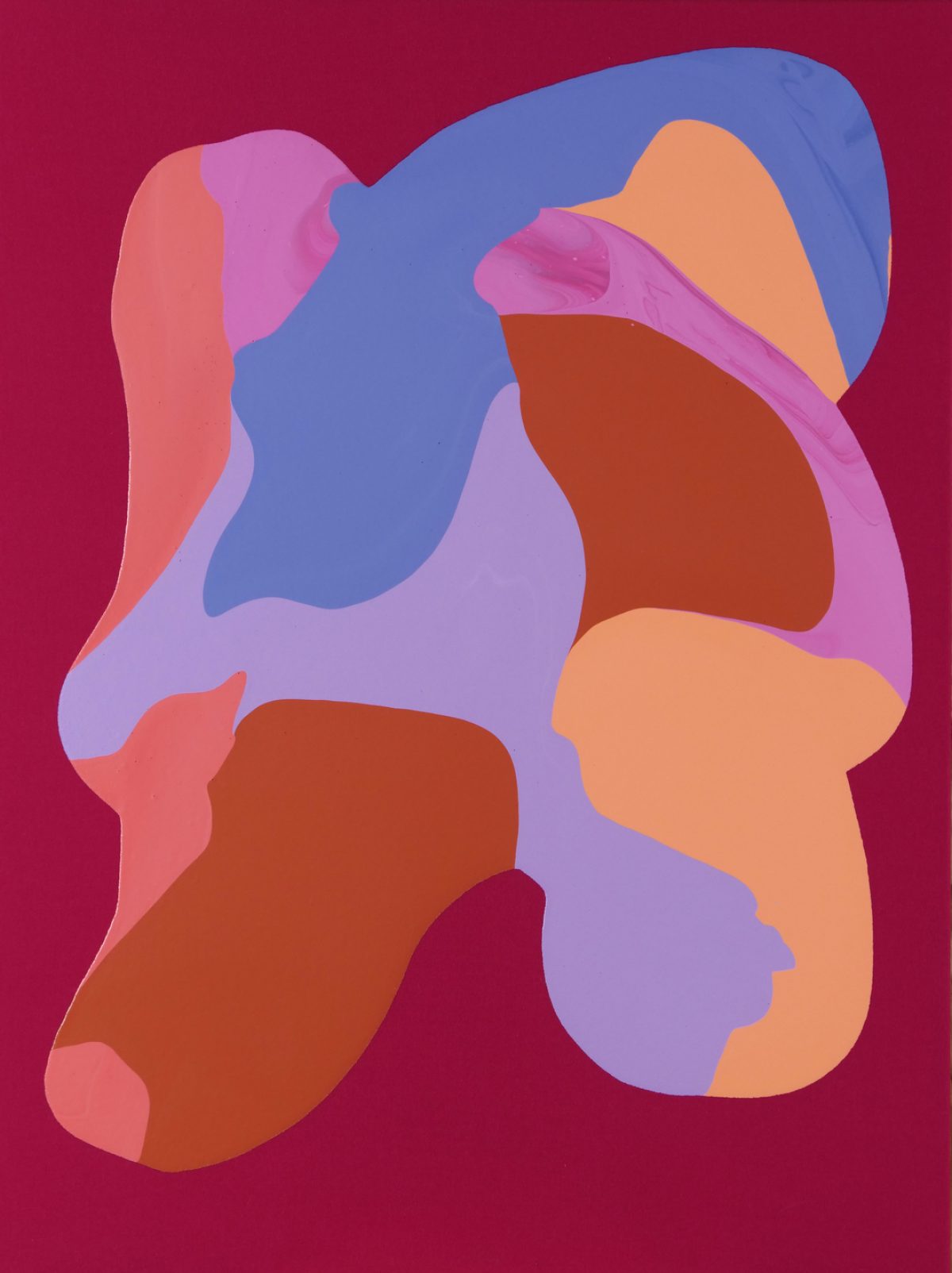 Abstract composition of layered, organic shapes in shades of blue, pink, coral, rust, and peach against a deep magenta background, creating a fluid, interlocking form with soft, undulating edges.