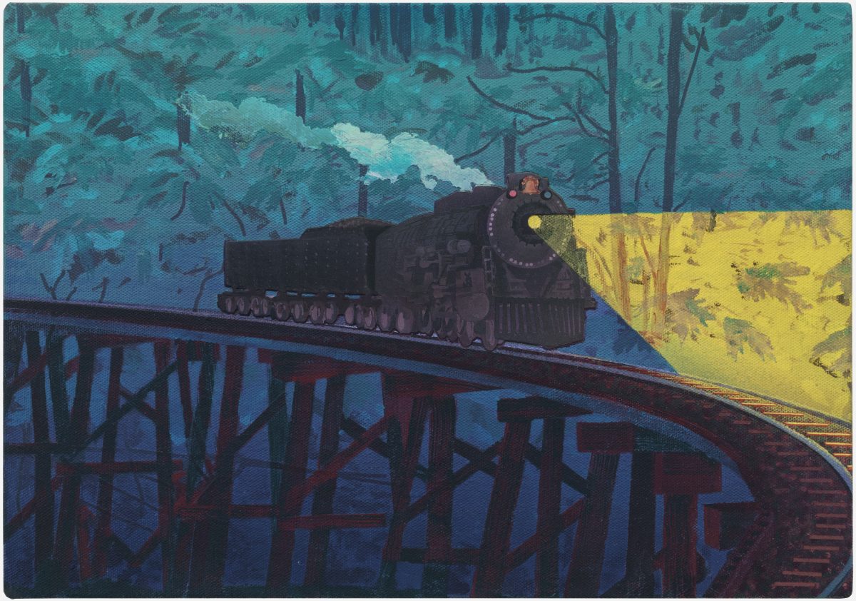 A stylized steam locomotive crosses a trestle bridge in the foreground, rendered in dark silhouette against a moody teal-blue forest landscape. The composition is divided by a bold yellow rectangular section on the right side, creating a striking color contrast with the cool blue tones and deep shadows that dominate the scene.
