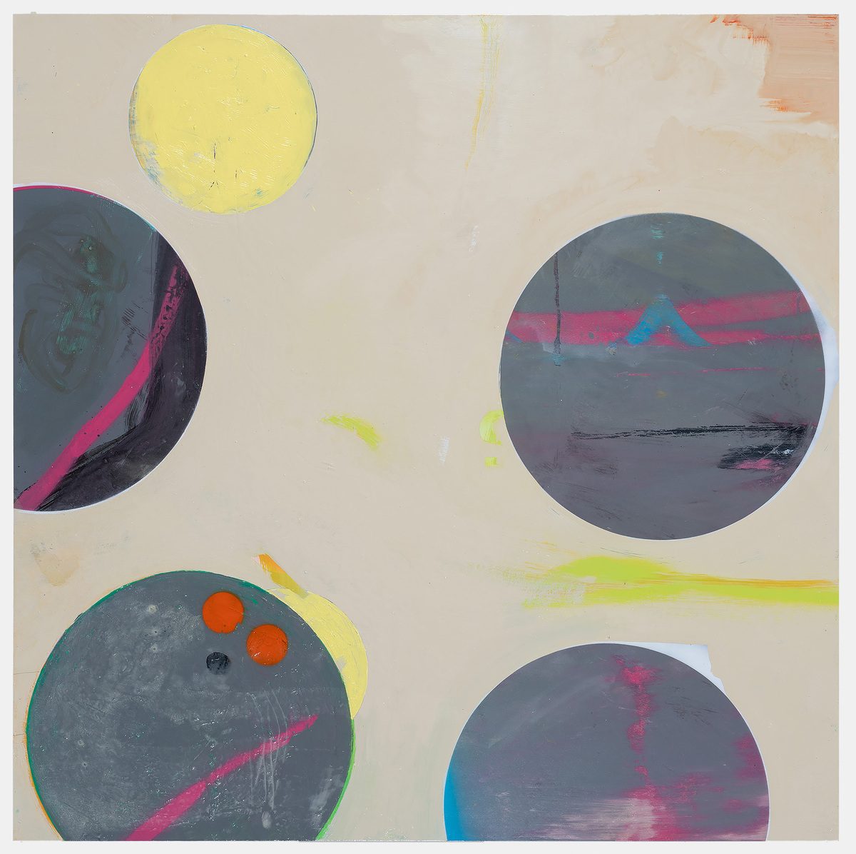 Abstract composition on a cream-colored canvas featuring five circular forms of varying sizes arranged across the canvas. The circles contain layered imagery including dark teal and slate blue grounds with magenta and pink diagonal strokes, orange dots, and yellow-green marks. A bright yellow circle floats near the top center, while neon yellow gestural marks and splashes of color accent the neutral background.