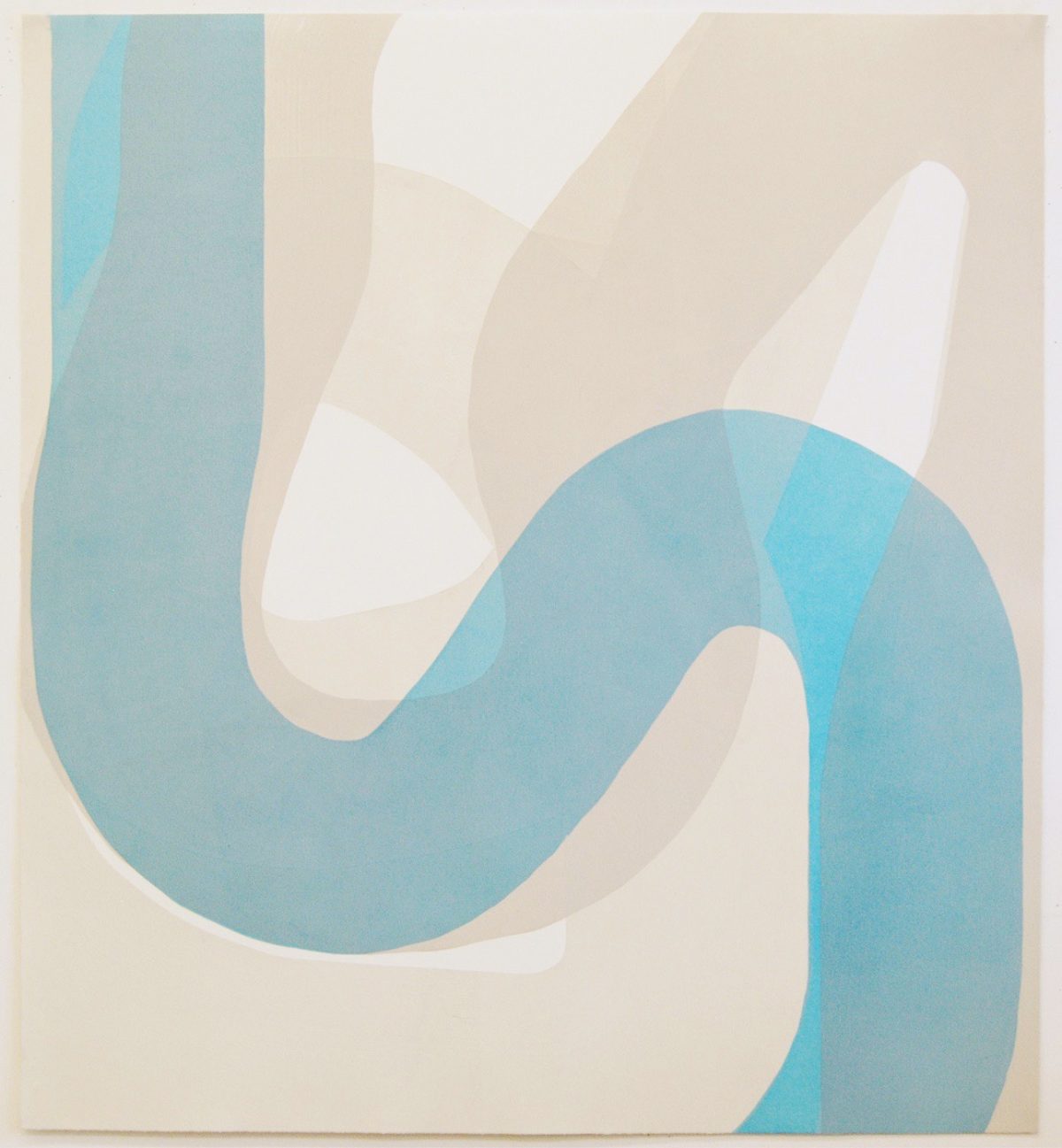 Abstract relief print featuring organic, flowing forms in soft teal blue against a cream and beige background. Interlocking curved shapes create a sense of movement, with subtle layering and dimensional quality characteristic of the relief printing technique.