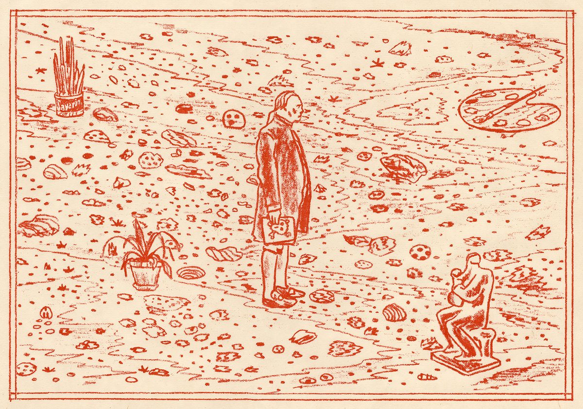 A red woodcut print depicting a solitary figure in a cape standing in a surreal landscape scattered with pizza slices, potted plants, and various abstract forms. The composition uses bold linear marks and stippling to create texture across the entire composition, with the central figure gazing downward amid the chaotic surrounding imagery.