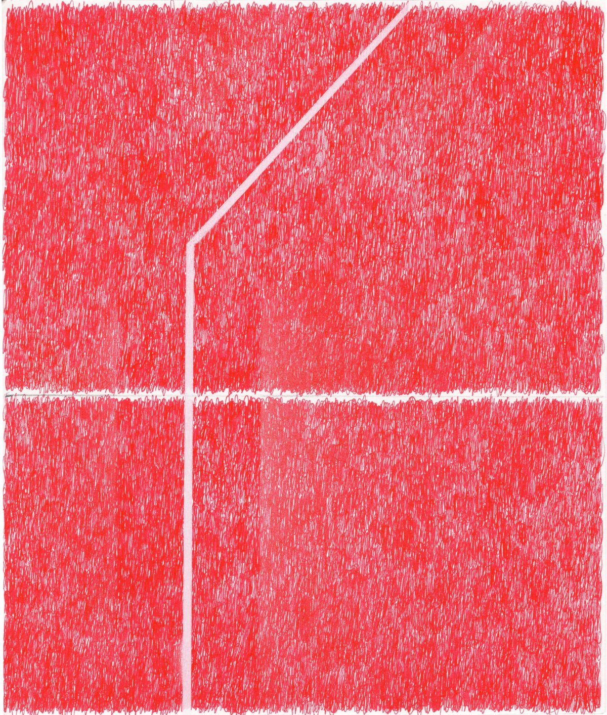A vibrant red abstract composition divided by white linear elements forming a geometric house-like shape. The entire surface is densely textured with vertical streaking and marks, creating a dynamic, energetic effect across the divided sections.