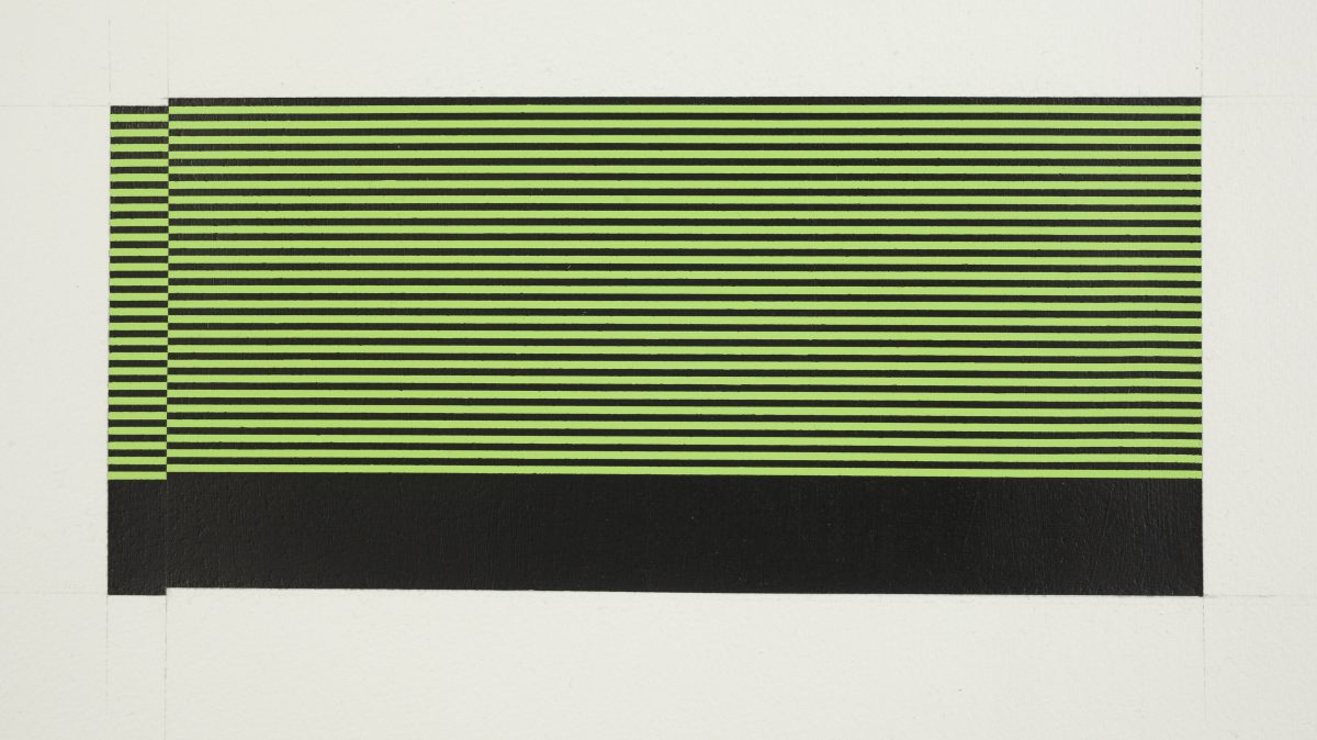 Horizontal composition featuring alternating stripes of bright lime green and dark charcoal black, with a vertical column of smaller stripes on the left side. The geometric pattern is rendered in gouache and graphite on white paper, creating a stark, minimalist design.