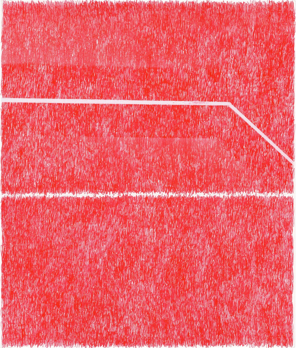 A densely textured composition in bright red and white, with vertical hatching marks covering three horizontal bands separated by thin white lines. A diagonal white line cuts across the middle section, creating an angular geometric interruption in the otherwise uniform pattern.
