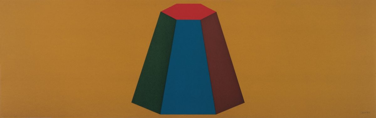 A geometric trapezoid form rendered in flat planes of deep green, bright blue, and burgundy red, topped with a red hexagonal shape, set against a warm ochre background. The composition uses bold color blocking and clean lines characteristic of minimalist geometric abstraction.