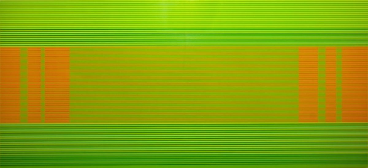 Horizontal composition featuring a lime green field interrupted by vertical orange-red striped sections on the left and right sides, with thin horizontal lines creating a subtle linear texture throughout, separated by solid green bands top and bottom.