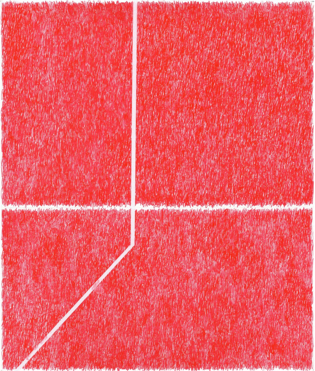 A composition of four rectangular sections divided by white lines, filled with dense red and white gestural marks creating a textured, scratched surface across the entire work.