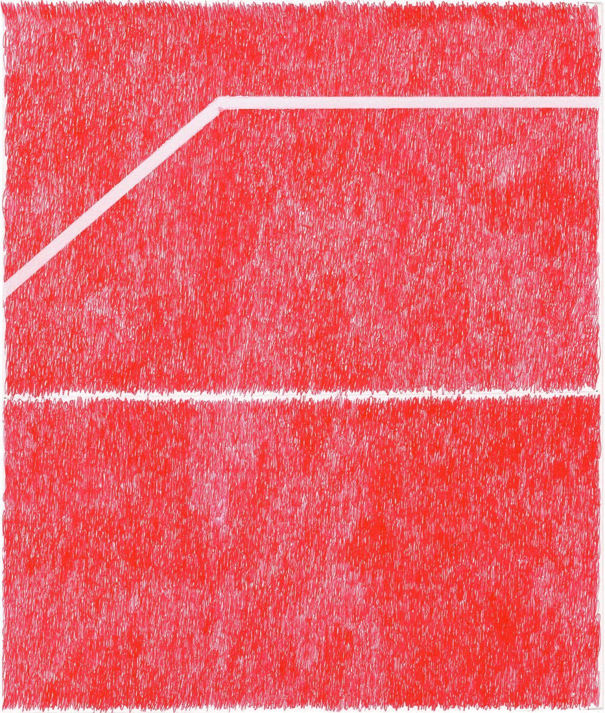 Abstract composition featuring a dense field of red and pink scribbled marks covering the entire surface, interrupted by clean white horizontal and diagonal lines that create geometric divisions across the work.