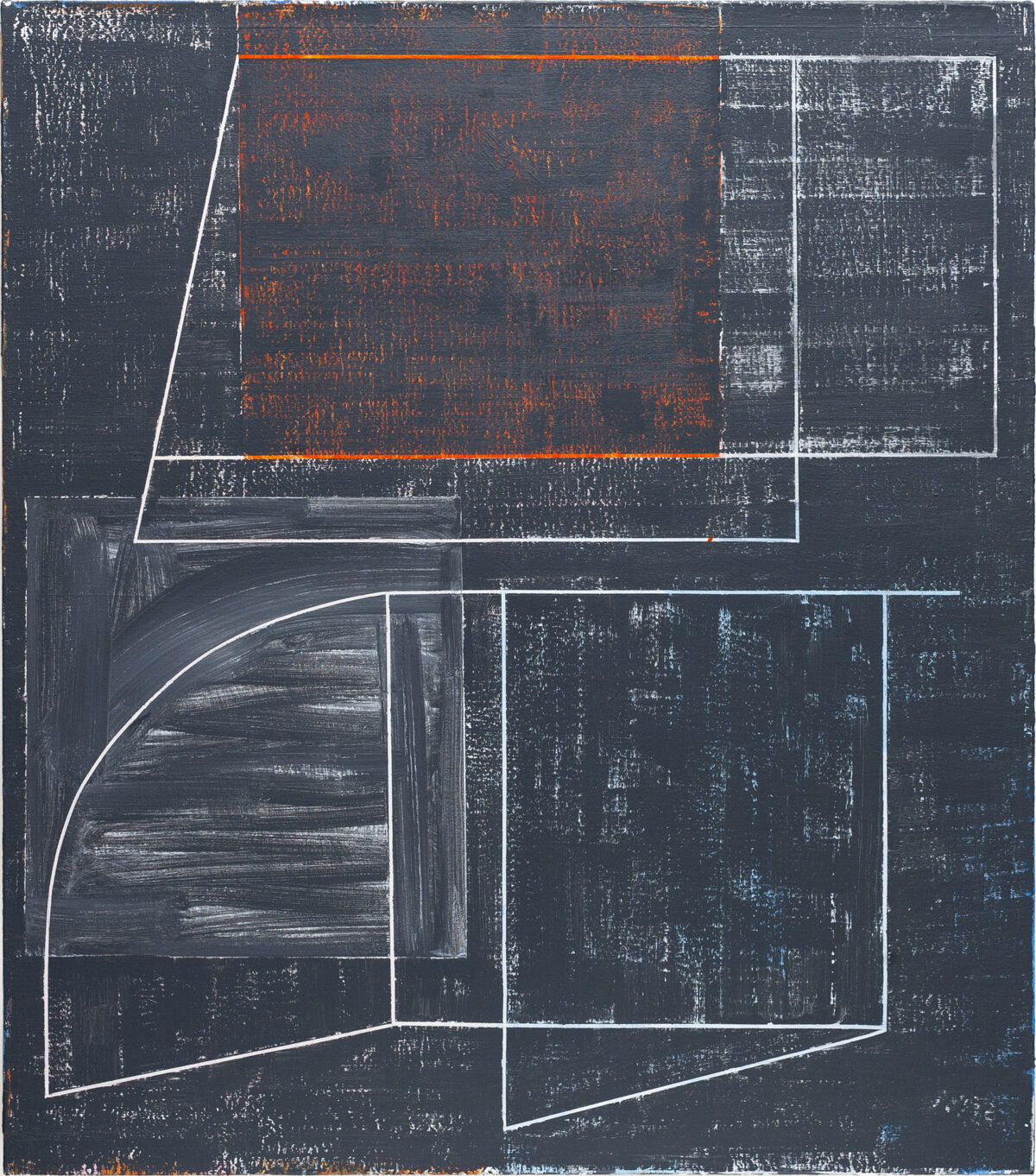 A dark charcoal canvas with white linear architectural drawings depicting interior floor plans and geometric forms. Rust-orange text or marks overlay the upper central section, creating visual contrast against the predominantly dark palette with touches of blue and weathered surface texture.