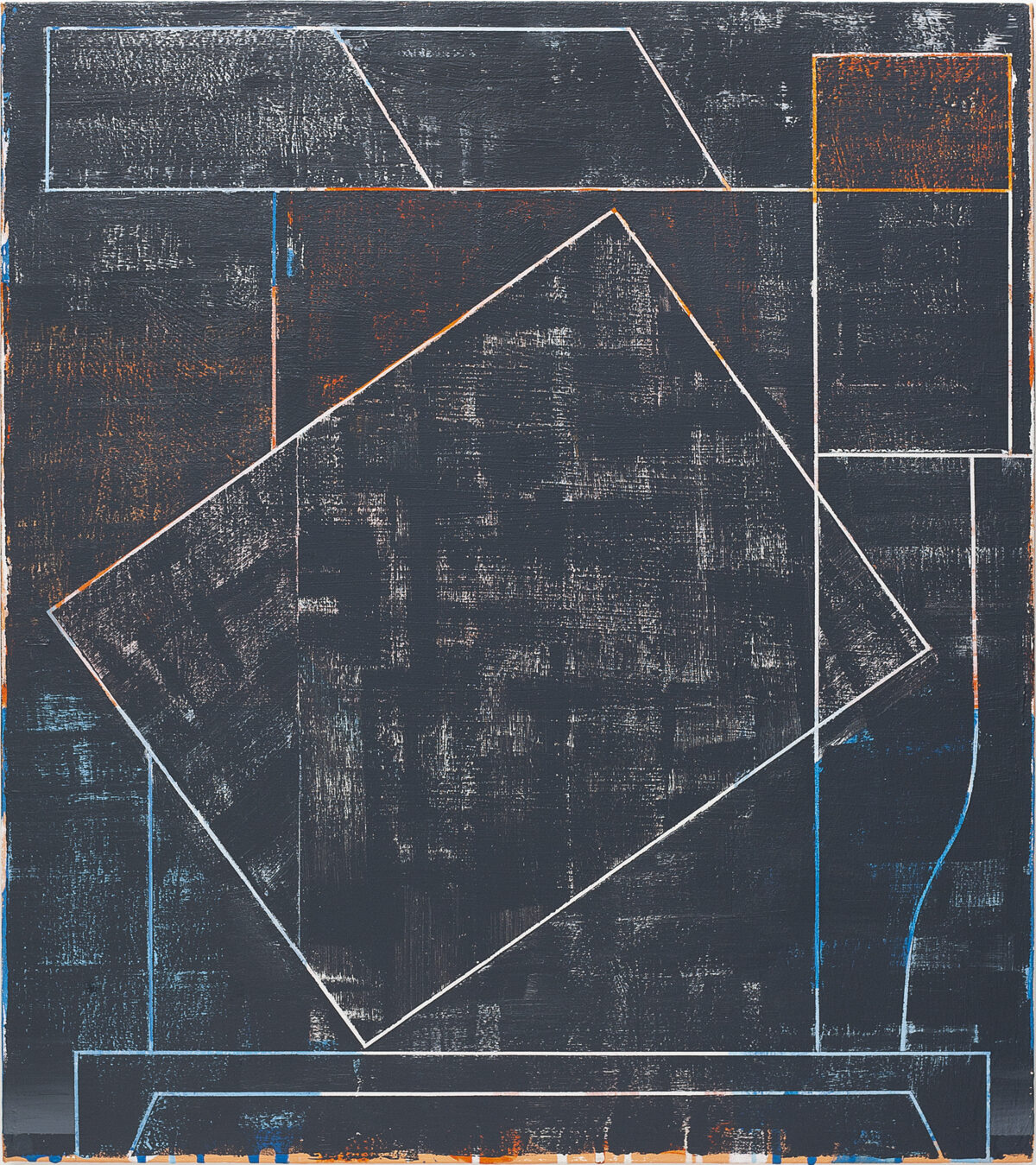 A dark charcoal canvas features geometric shapes outlined in white, blue, and orange lines, including a diamond form rotated at the center and rectangular sections arranged around it. The surface shows visible texture and weathering with areas of rust-colored and blue patina, creating a layered, industrial aesthetic.