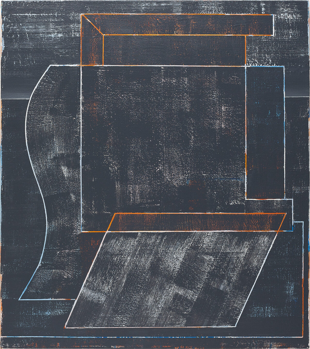 A dark textured canvas layered with geometric line drawings in white, orange, and blue. Overlapping angular shapes—including curved forms, parallelograms, and rectangles—create an abstract compositional study with visible brushwork and weathered surface effects.