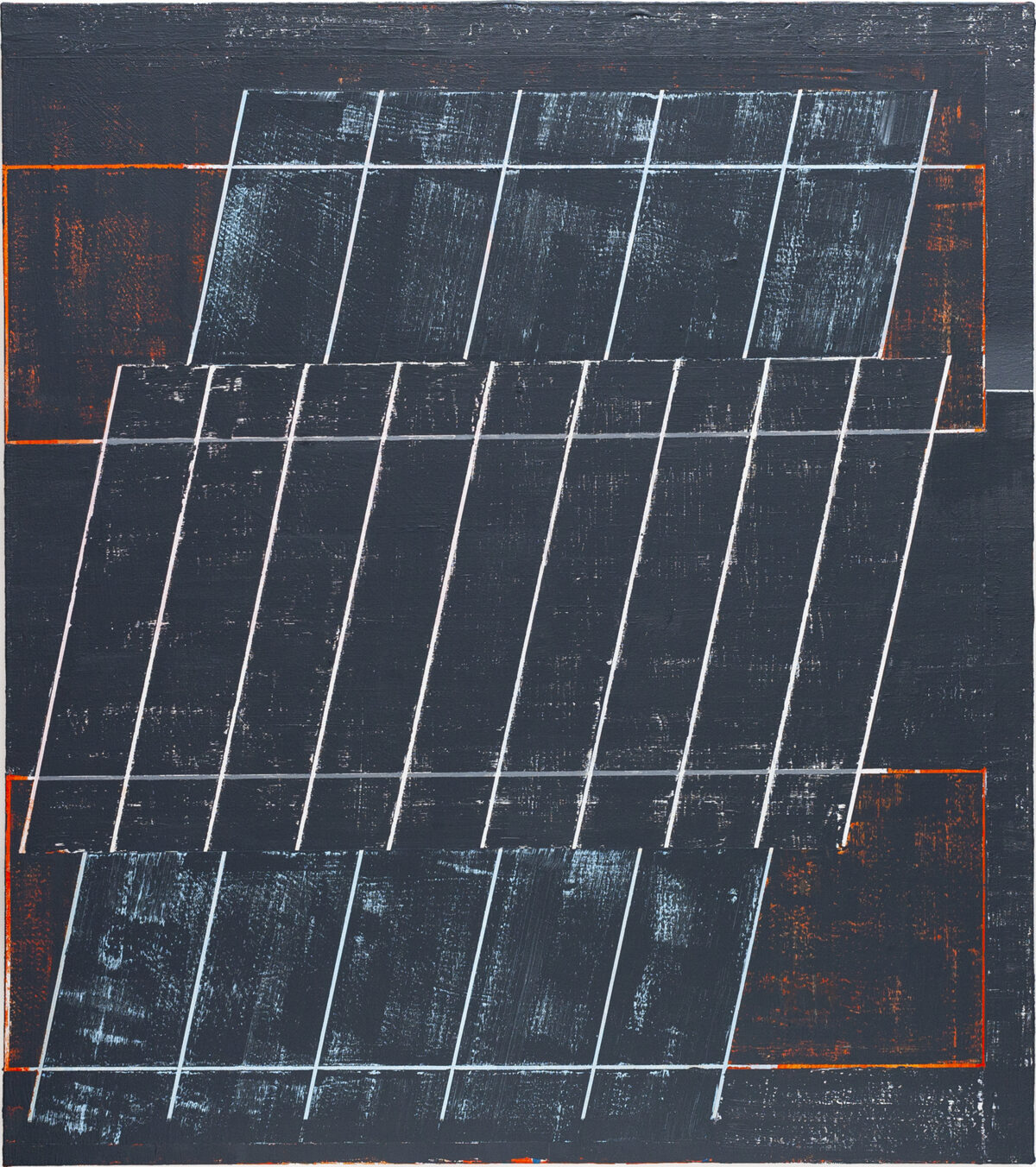 Dark canvas with white linear grid patterns creating a three-dimensional perspective effect, overlaid with an orange rectangular frame. The composition features layered geometric shapes with visible brushwork and a weathered, textured surface.