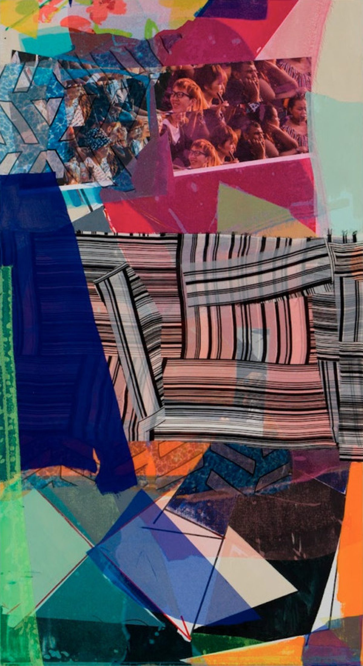 Vibrant mixed-media collage featuring layered geometric shapes in bold blues, pinks, oranges, and greens, interspersed with striped fabric patterns and a photographic element of figures in warm tones, creating a dynamic composition that blends abstraction with representational imagery.