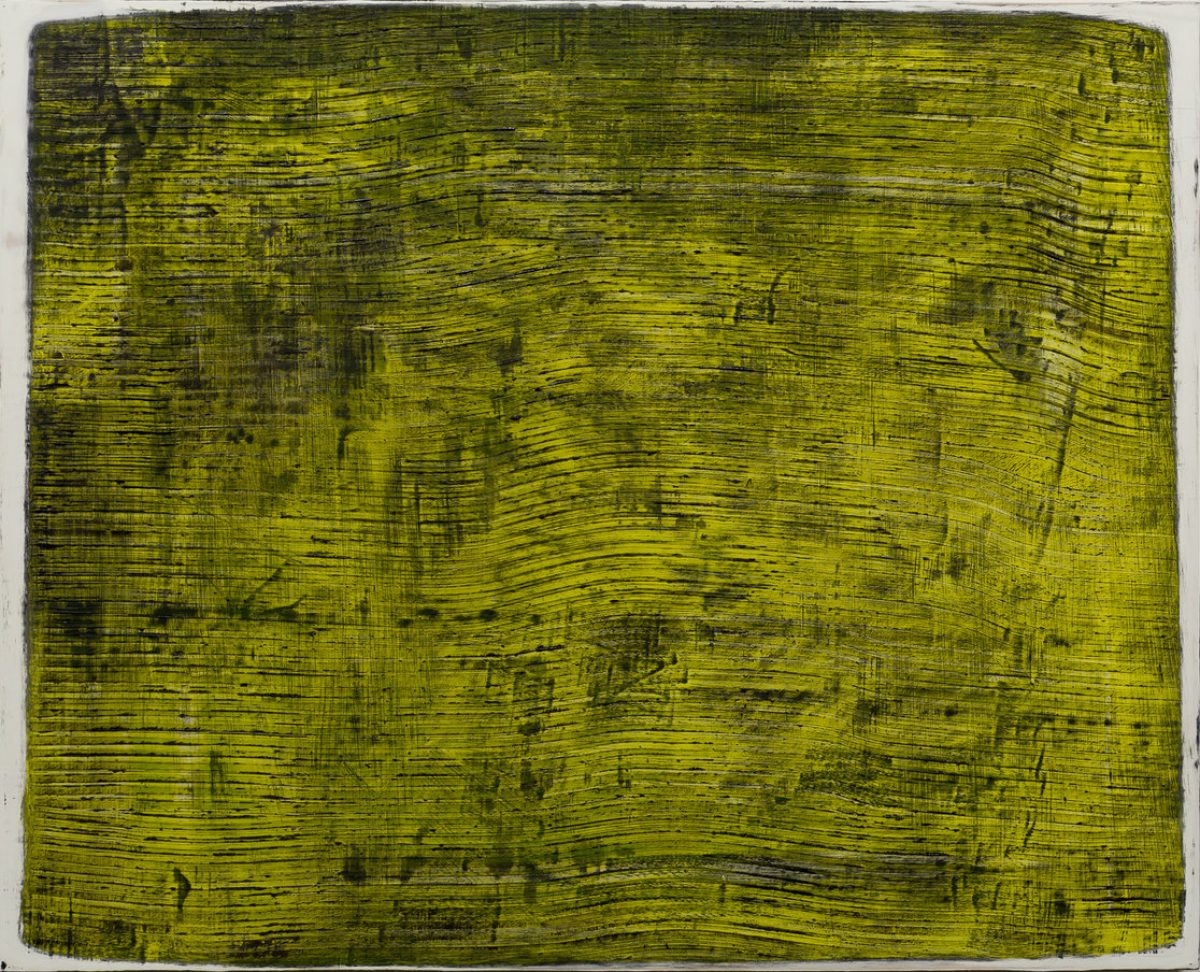 A densely layered composition dominated by chartreuse and olive yellow tones, with horizontal brushstrokes creating a textured surface. Dark linear marks and gestural lines intersect throughout, suggesting an abstract landscape or atmospheric field rendered in muted, earthy greens.