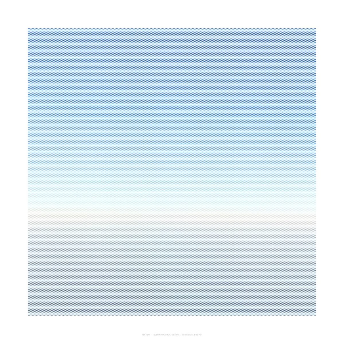 A gradient composition rendered in blue halftone dots, transitioning from deep saturated blue at the top to pale blue-white at the center, then returning to blue tones toward the bottom. The dotted pattern creates a subtle texture across the entire square composition.
