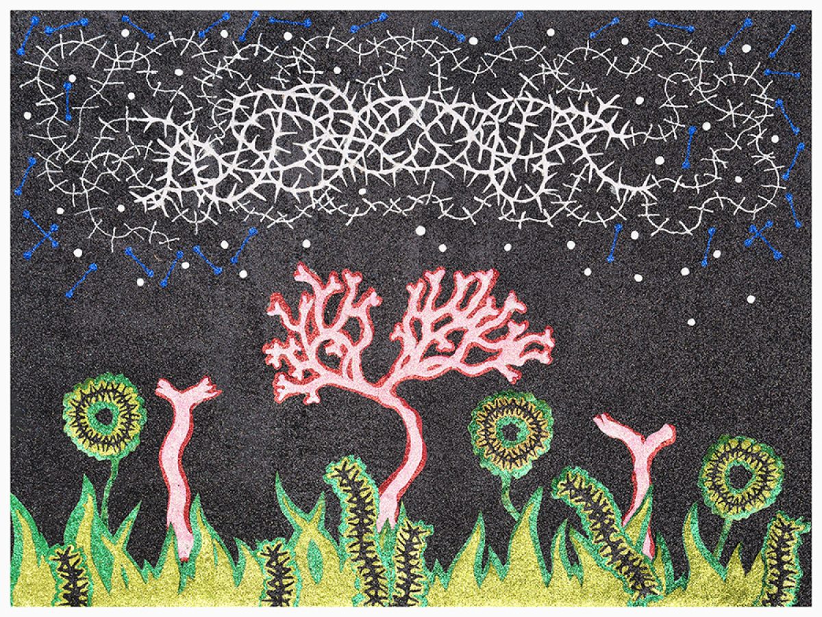 A textured mixed-media artwork featuring a nighttime garden scene with luminous green sunflowers and pink coral-like trees against a dark speckled background. White branching patterns fill the upper portion like neurons or bare trees, while blue and white dots suggest stars, with glitter catching light throughout the composition.
