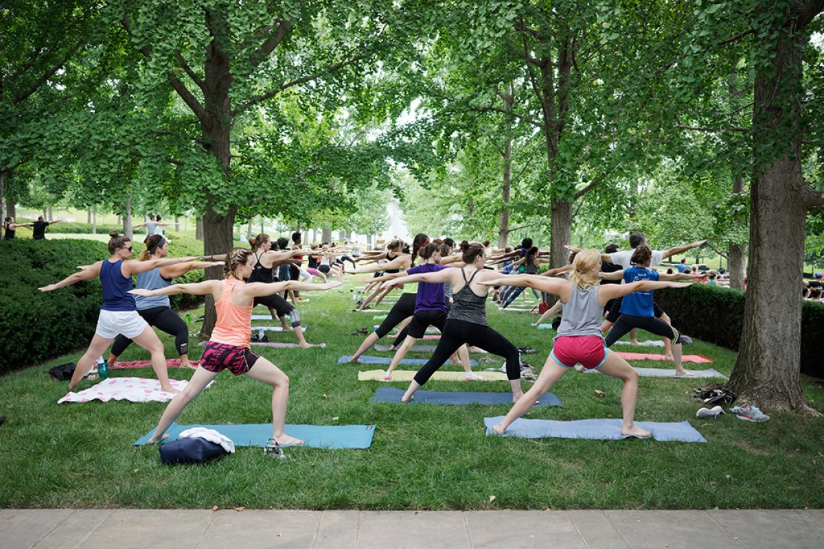 A large group of people performing yoga poses in unison on colorful mats spread across a green lawn beneath tall trees in a park, with their arms extended in synchronization during an outdoor fitness class.