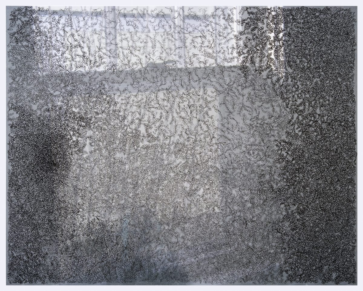 Densely layered abstract composition featuring intricate linear patterns and organic marks in grayscale, transitioning from lighter tones in the center to darker areas at the edges, creating a contemplative, textured surface with varying depths and visual complexity.