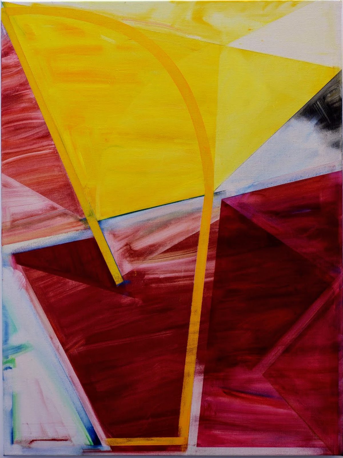 Abstract composition featuring bold geometric shapes in vibrant yellow, deep red, and white, with curved and angular forms creating a sense of depth and movement. Blue and black linear elements accent the composition, emphasizing the interplay between warm and cool tones.