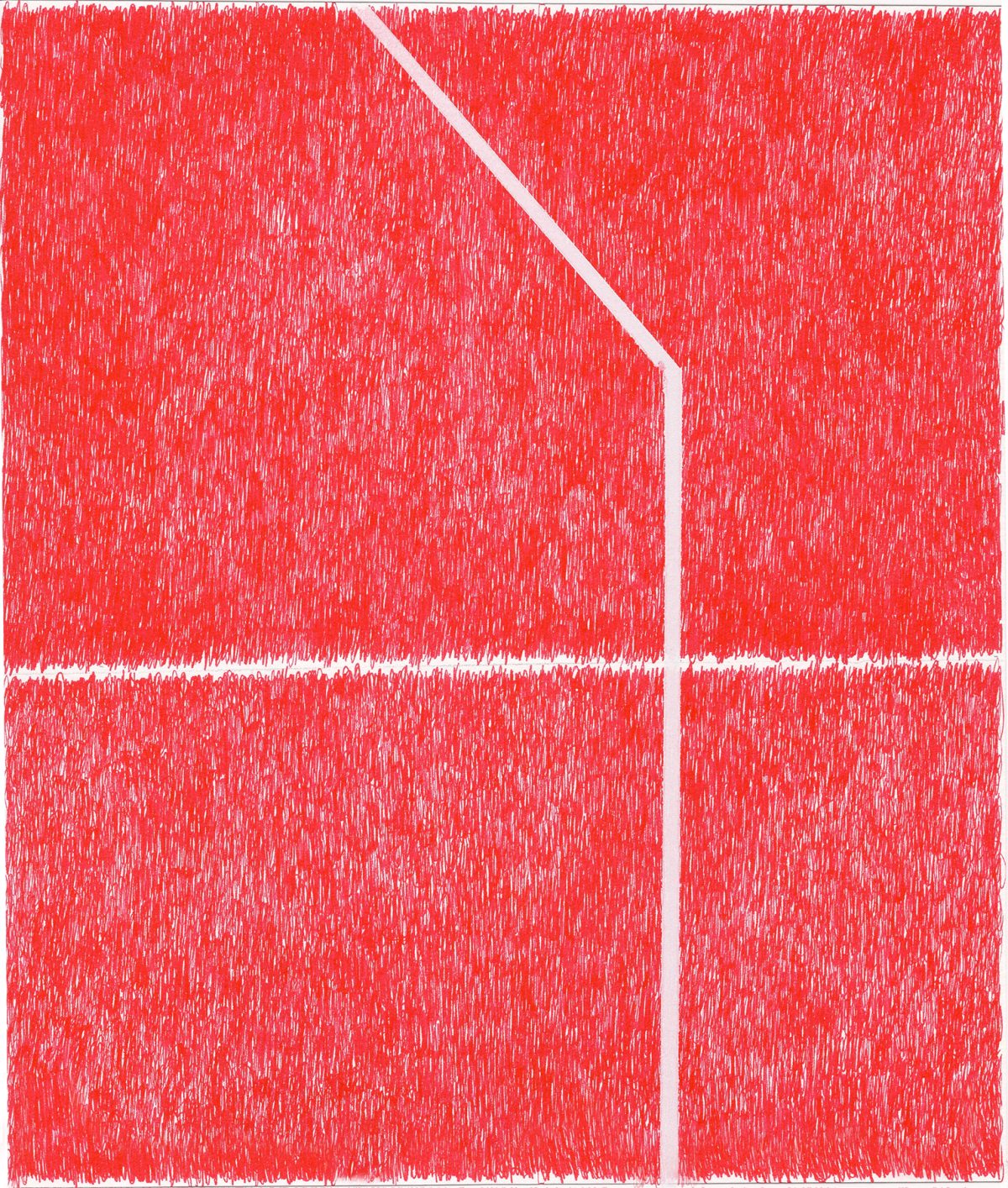 A vibrant red abstract composition divided into four sections by white linear elements. Dense, gestural red marks cover the entire surface, creating a textured, energetic field interrupted by clean white lines that form a geometric division across the canvas.