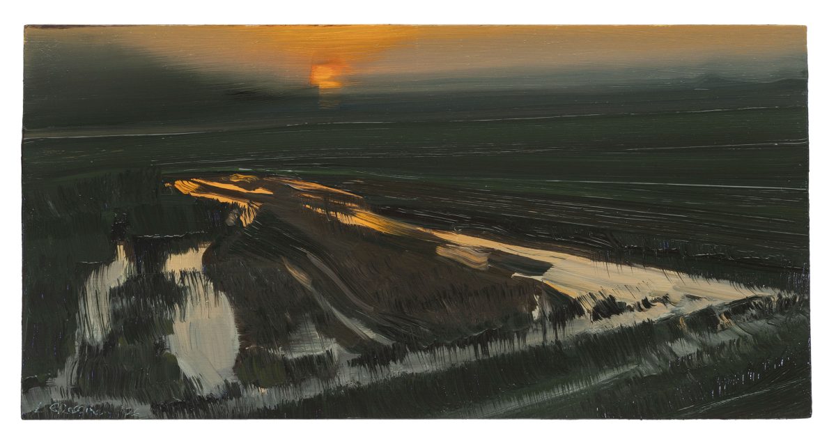 Oil painting on panel depicting a moody landscape at dusk with a winding river or waterway cutting through dark, forested terrain. Golden light from a low sun illuminates patches of water and distant hills, while the foreground is rendered in deep blacks and shadowed greens with gestural brushwork.