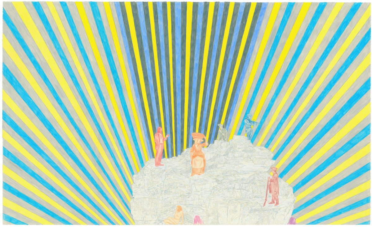 Radiating stripes of yellow, blue, and gray burst outward from a central mountainous landscape populated with small figures in various poses and colors. The geometric, sunburst pattern creates a sense of spiritual or cosmic energy emanating from the earthly scene rendered in delicate detail at the composition's center.