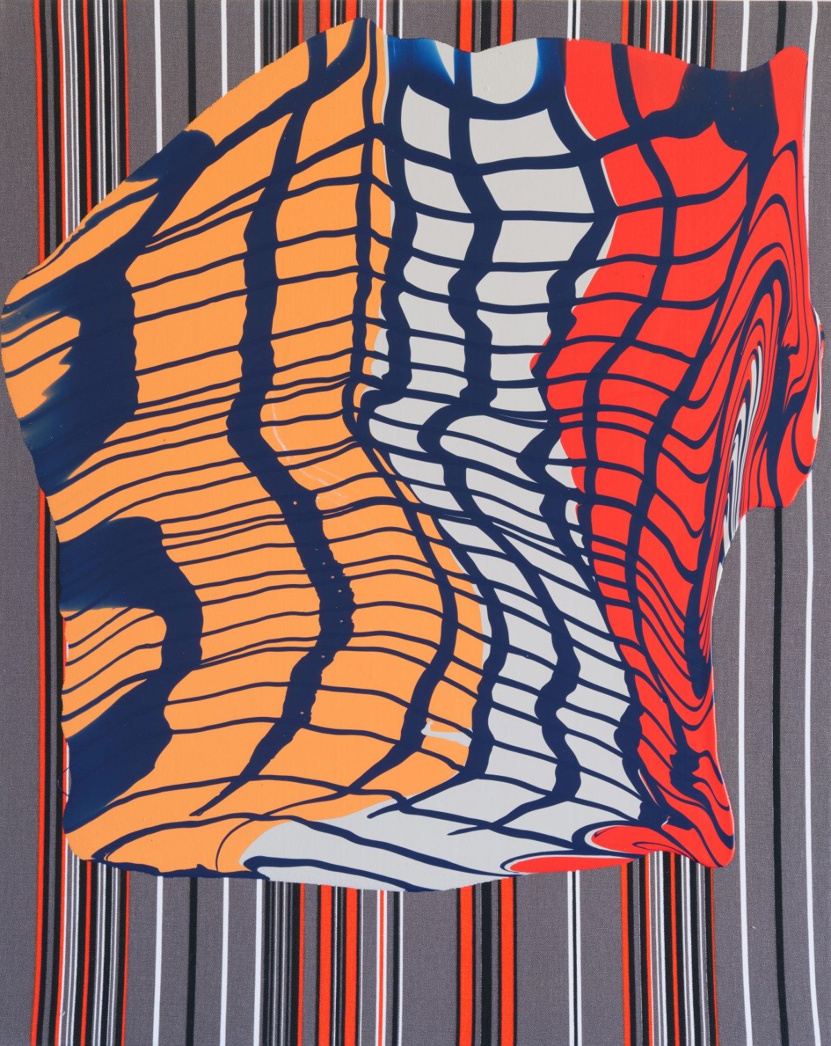 A three-dimensional fabric artwork featuring a rippling, wave-like form divided into three vertical sections colored orange, cream, and red, with dark blue contour lines creating a mesh pattern across the surface. The piece is mounted against a striped gray background.