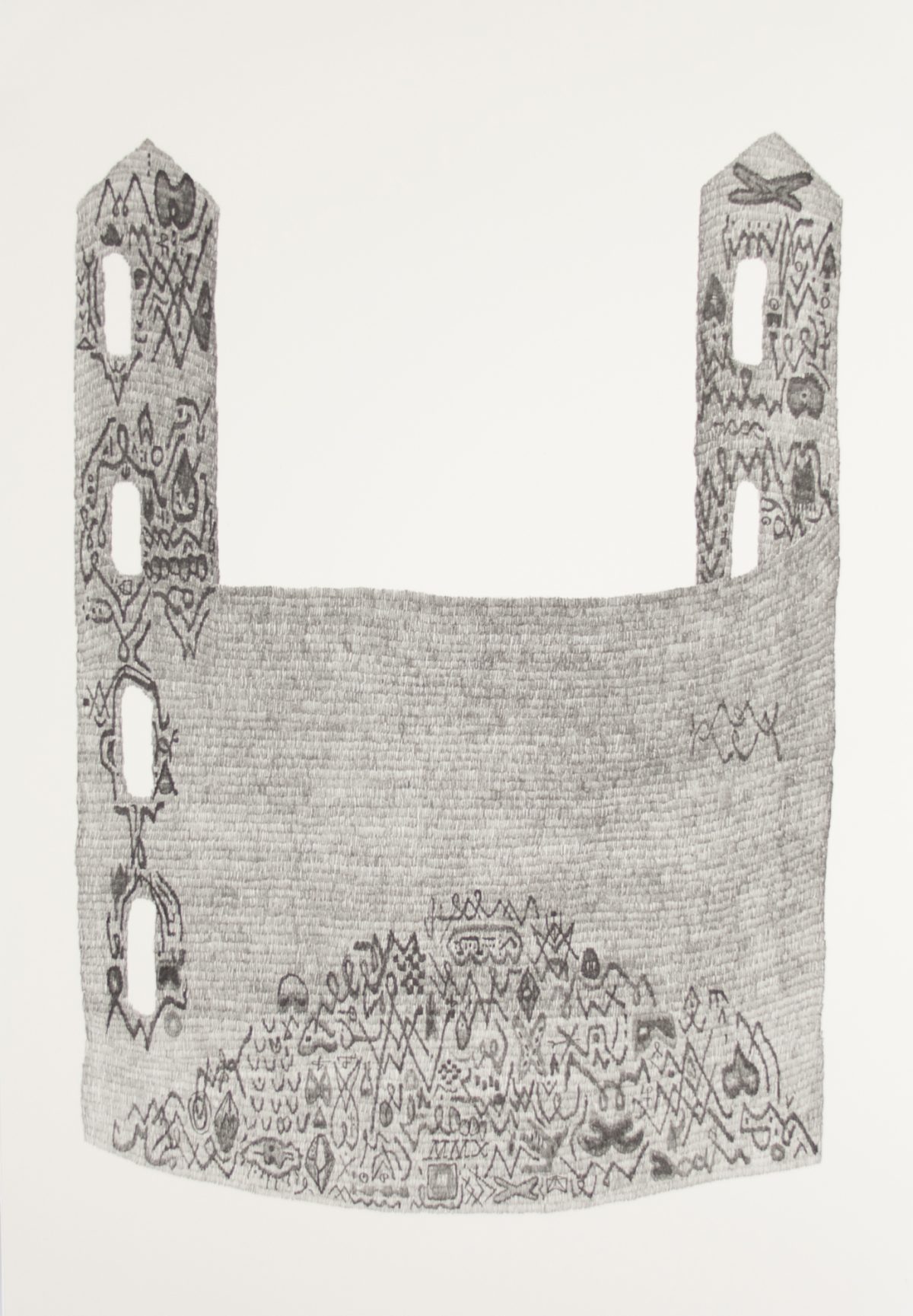 A tall, narrow architectural structure rendered in fine crosshatching and linear marks. Two tapered towers with pointed tops frame a central void, while the base features dense, intricate patterning suggesting a crowded landscape or cityscape below.