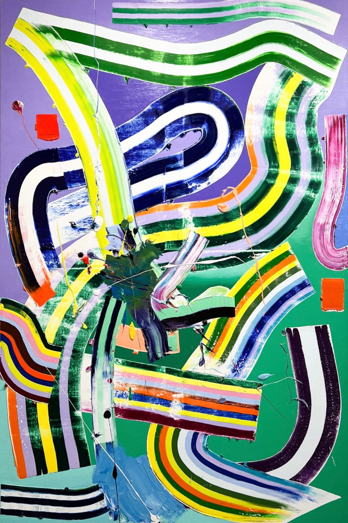 Abstract composition featuring bold, flowing curved stripes in vibrant colors including yellow, green, navy blue, orange, pink, and white set against a purple and green background. Layered gestural brushstrokes and organic forms create a dynamic, interlocking pattern across the canvas.
