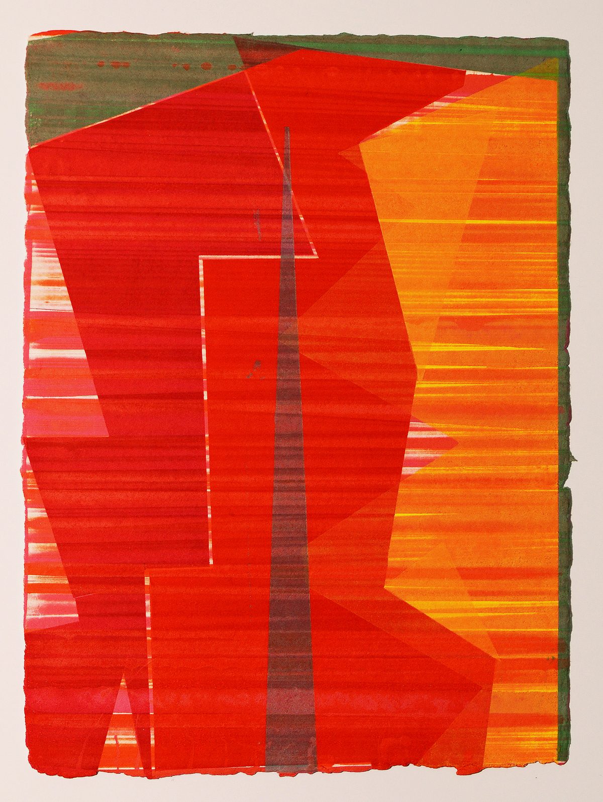 Abstract monoprint featuring bold geometric forms in vibrant red and orange hues with white linear elements and a dark vertical stripe down the center. The composition is set against a muted green border on handmade paper with an irregular, organic edge.