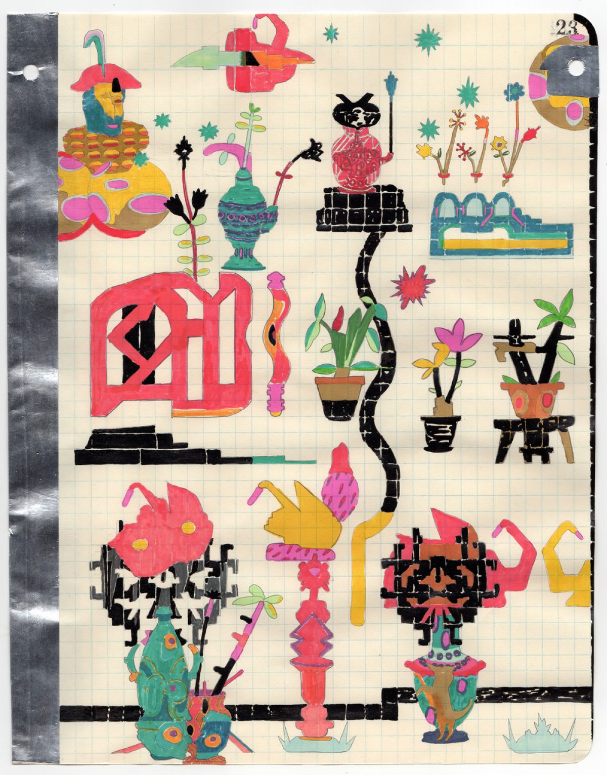A vibrant mixed-media collage on grid paper featuring bold geometric and organic forms in hot pink, black, teal, yellow, and orange. The composition includes surreal creatures, potted plants with exaggerated features, architectural elements, and decorative motifs arranged across the page with a playful, dreamlike quality, combining hand-drawn illustration with collaged paper elements.