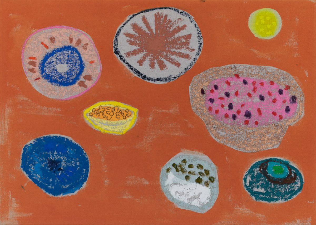 Abstract composition on burnt orange background featuring nine organic, circular and oval forms rendered in various colors including blue, pink, yellow, white, and teal, with textured surfaces created through mixed media techniques including stippling, radiating lines, and speckled patterns.
