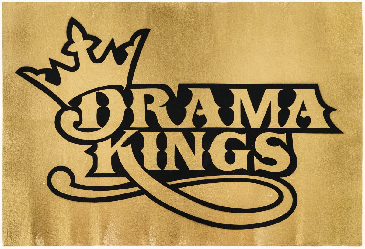 Black ornamental lettering and decorative flourishes featuring a crown and serpentine tail design on a textured gold background.