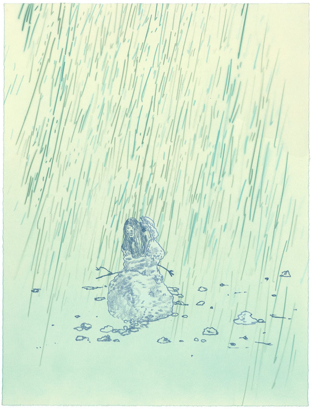 A solitary snowman sits hunched in heavy rain, surrounded by scattered stones on pale ground. Diagonal lines of green and blue represent the downpour falling across a cream-colored composition, creating a melancholic, introspective mood.