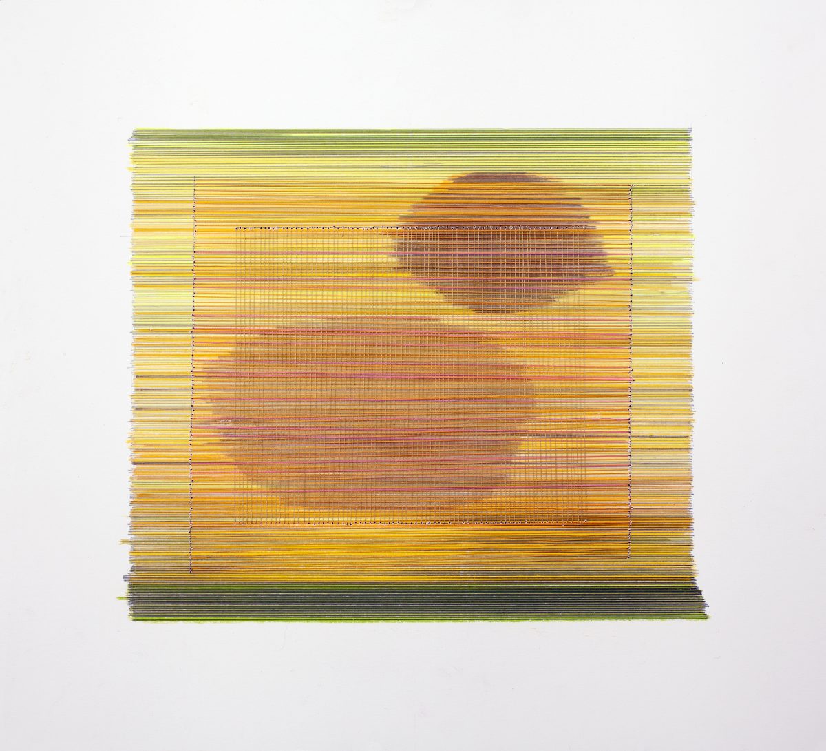 Horizontal layers of colored pencil lines in shades of yellow, orange, and green create an abstract composition with a darker reddish-brown form emerging in the center, intersected by vertical dotted lines and subtle thread elements creating a gridded overlay effect.