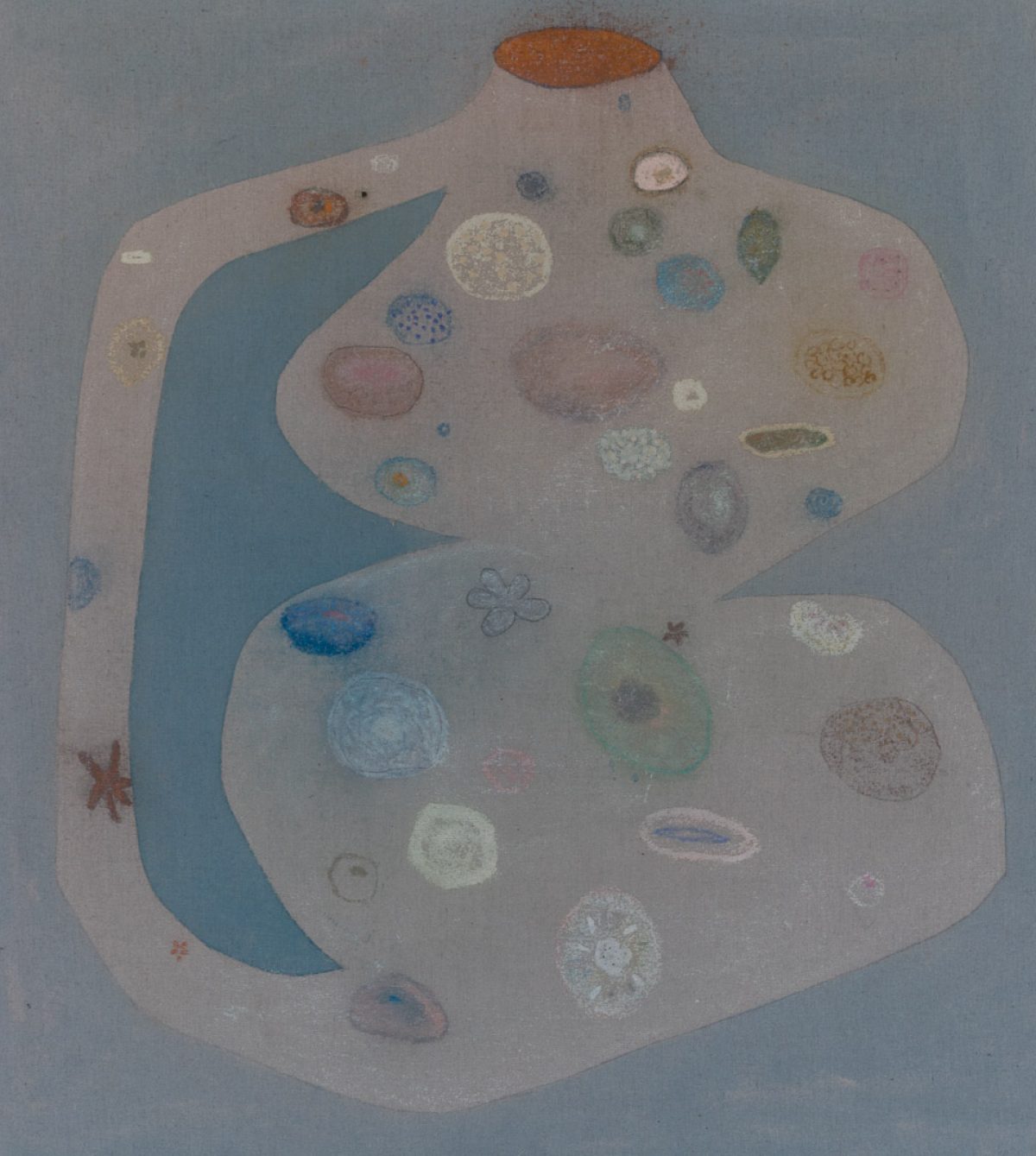 Abstract composition featuring a pale mauve-pink organic form against a soft blue-gray background, with a darker teal curved shape cutting through the center. The surface is densely populated with varied circular and oval forms in muted colors—cream, dusty blue, sage green, rose, and ochre—creating a cellular or microscopic quality. A narrow arm extends from the upper left with additional small marks scattered along its length.