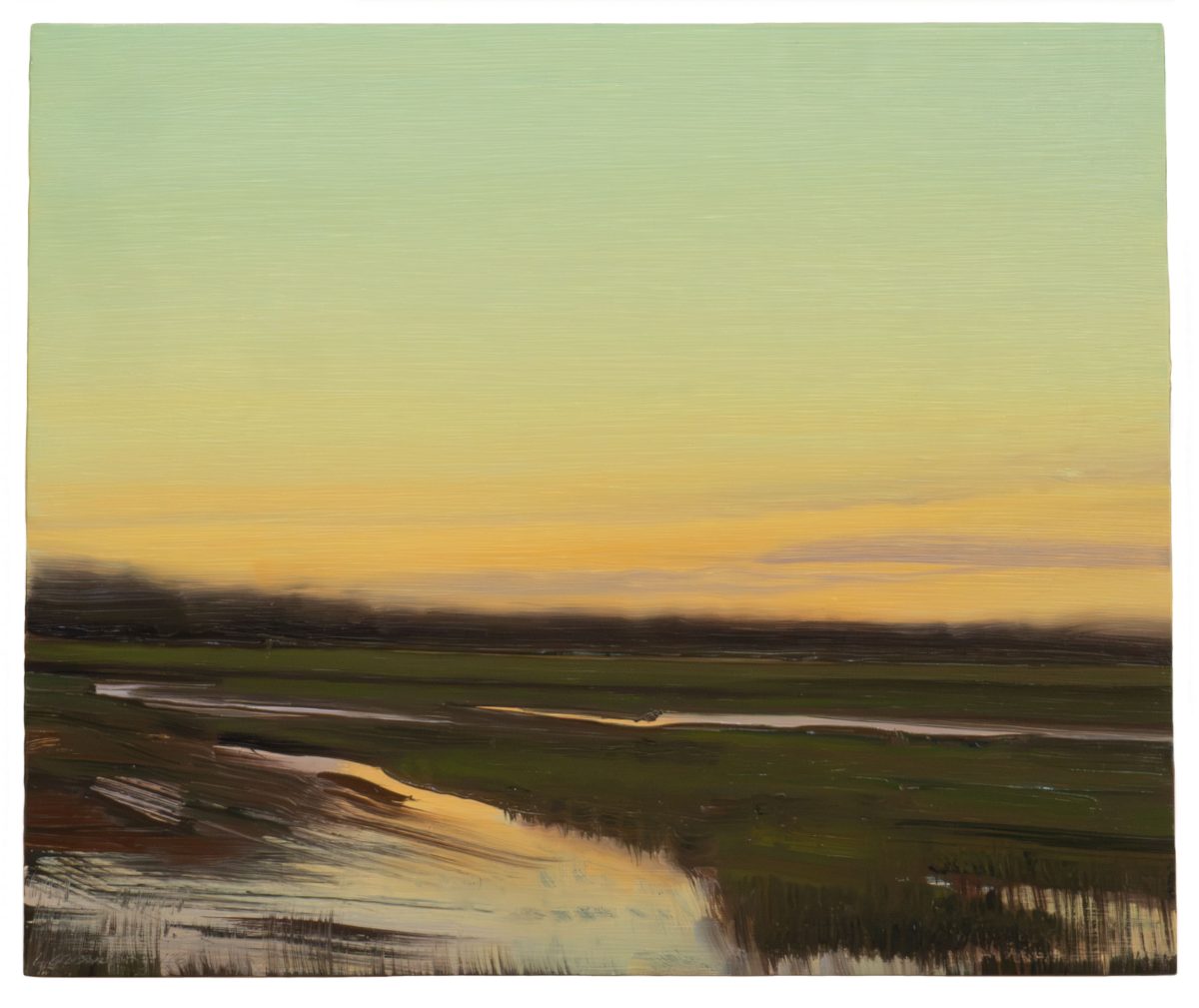 A horizontal landscape painting depicting a wetland or floodplain at dusk, with still water reflecting golden and amber light across the lower portion. The composition features soft, horizontal brushwork creating a hazy gradient sky that transitions from sage green at the top through pale yellow to warm gold near the horizon, while the foreground shows dark green fields and brown vegetation with mirrored reflections in shallow water.