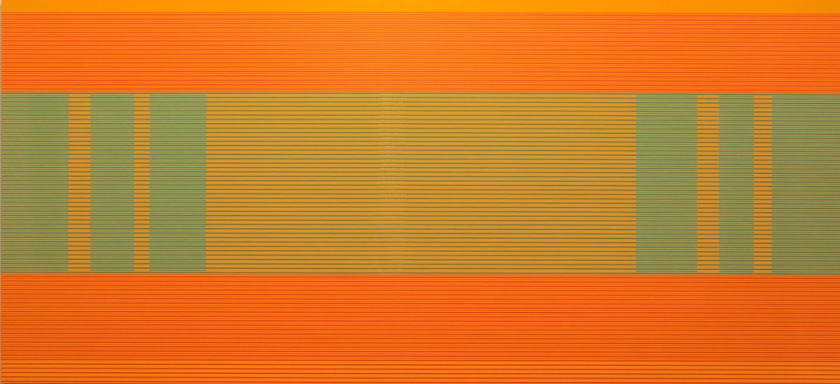 Horizontal composition dominated by thin parallel lines in shades of orange, yellow, and teal. A rectangular band of teal and green tones occupies the center, with orange linear patterns creating fragmented geometric shapes, while the upper and lower sections are filled entirely with orange and red horizontal lines.