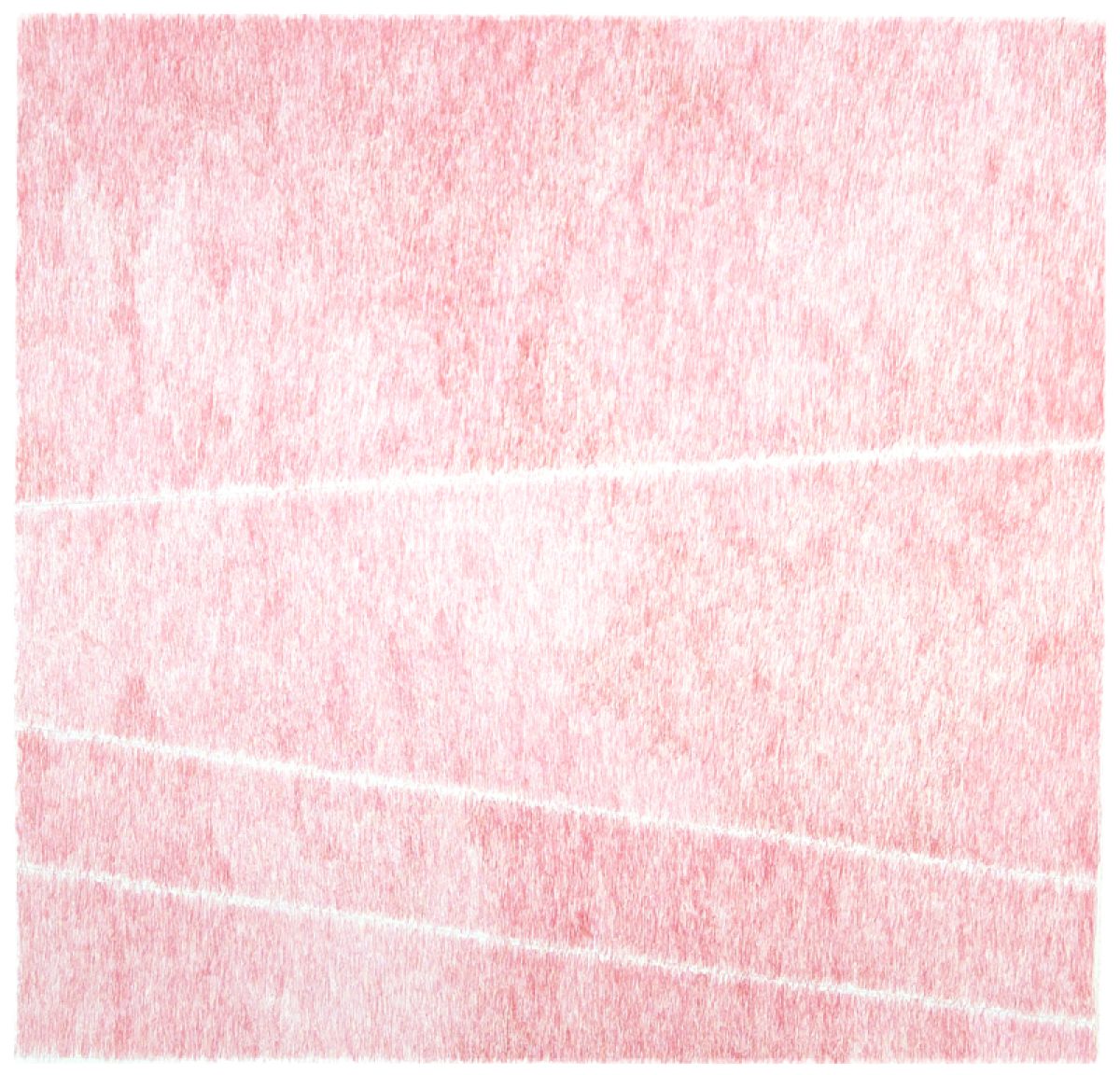 Abstract composition featuring horizontal white lines dividing a pink and red textured surface, creating a layered, minimalist aesthetic with subtle gradations in tone across the work.