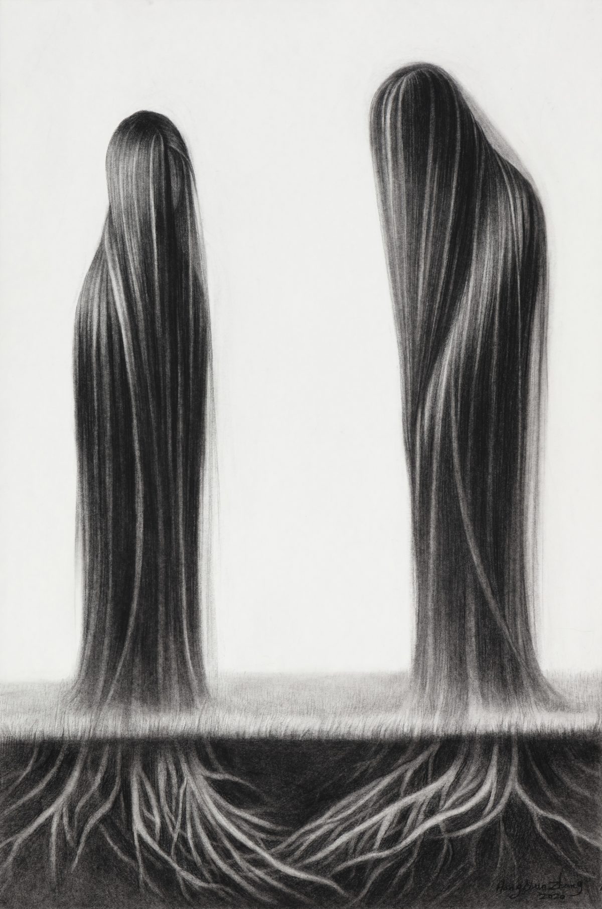 Two figures with extremely long, flowing hair stand side by side against a light background. Their hair extends down to the ground, where it transforms into dark, root-like strands that spread across the surface. The work is rendered in charcoal with dramatic contrasts between light and shadow, emphasizing the detailed texture of the hair and its organic, naturalistic quality.