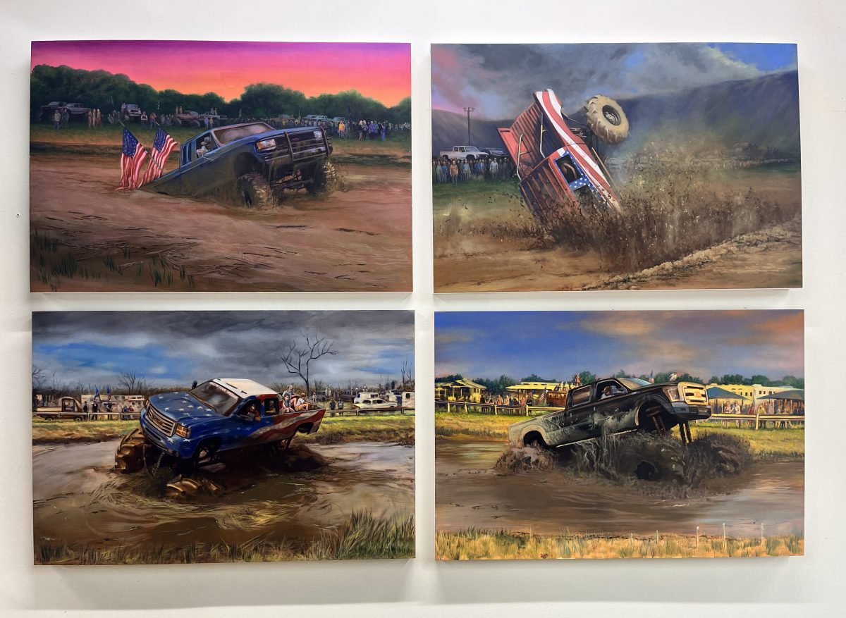 Four oil paintings arranged in a grid depicting trucks and vehicles in various states of distress or destruction set in rural American landscapes. Each scene features damaged or disabled vehicles—some bearing American flags—positioned amid mud, water, or desolate terrain with spectators gathered in the background. The paintings employ dramatic lighting with vivid sunsets and stormy skies rendered in rich colors of pink, orange, blue, and gold, contrasting with the earthen tones of the foreground scenes.