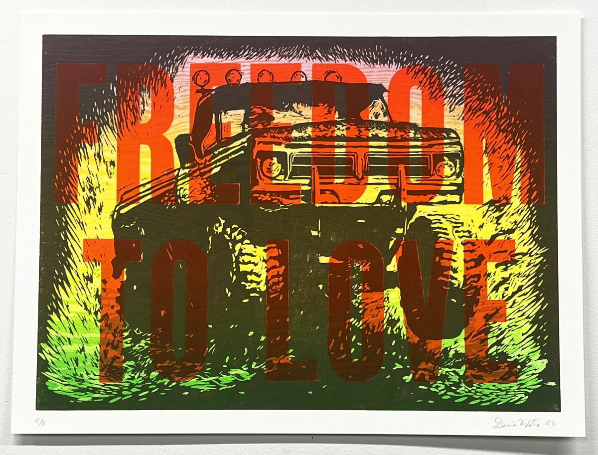 A vibrant woodcut print depicting a vintage truck driving through a tunnel with dramatic lighting. Bold overlapping letters in red and orange frame the composition, while luminous yellow and lime green illuminate the tunnel walls and surrounding vegetation, creating an energetic, expressionistic effect against the deep green and dark tones of the vehicle and shadowed areas.