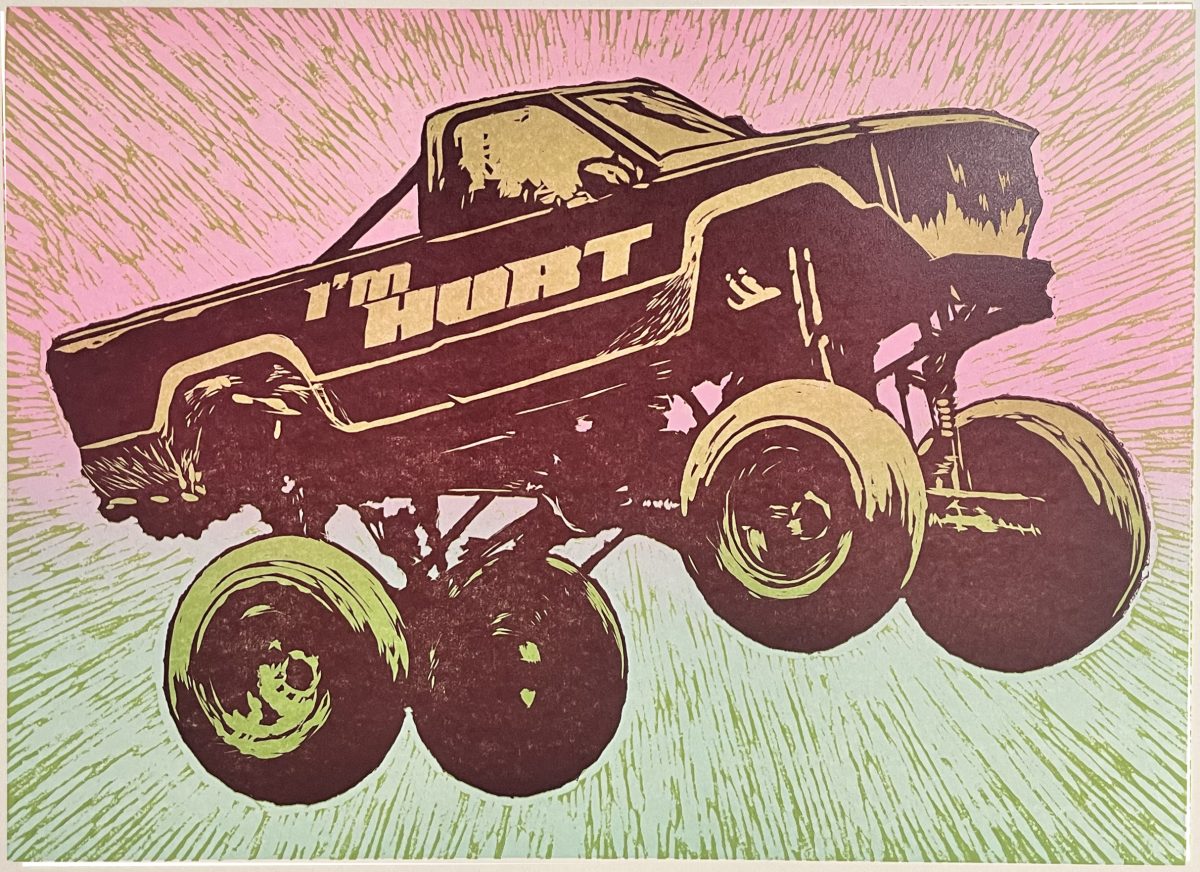 A stylized truck rendered in bold lines and flat color fields of burgundy, cream, and gold, with large wheels depicted in the foreground. Radiating lines in pink, cream, and olive green emanate from behind the vehicle, creating a dynamic sense of motion and drama against the gradient background.