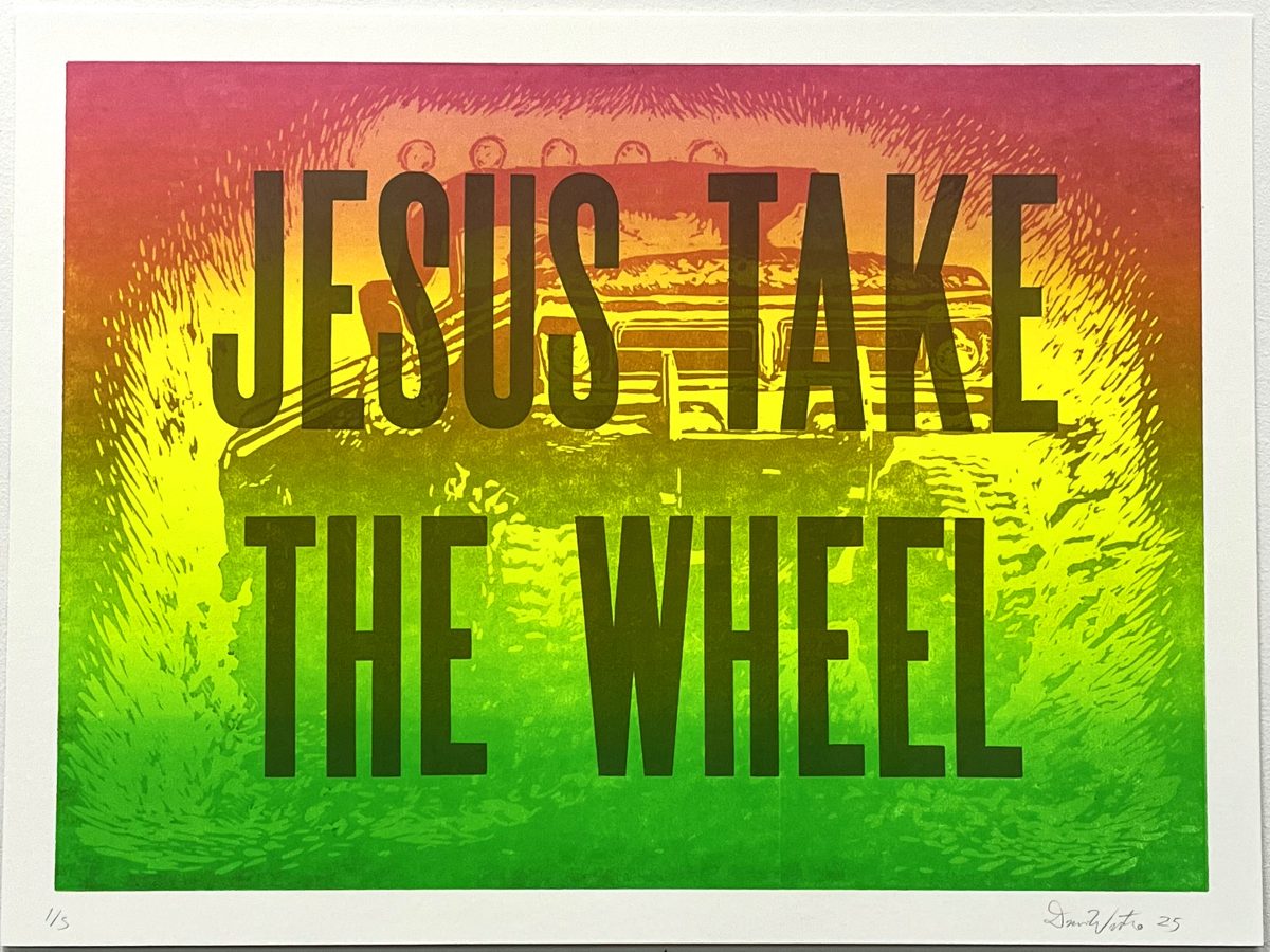 Bold black capital letters overlay a vibrant gradient background transitioning from red and orange at the top through yellow and lime green to deep green at the bottom. The composition features an expressionistic woodcut-style landscape with radiating linear marks suggesting a dramatic sky and terrain behind the text.